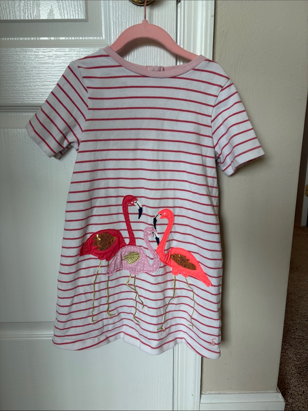 Joules White and Pink Stripe Dress with Embroidered Flamingos